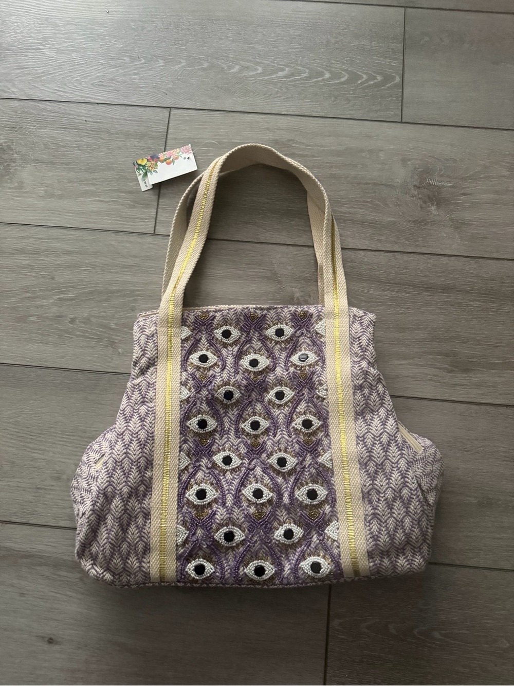 Handwoven Purple Patterned Tote Bag with Embroidered Eye Motif